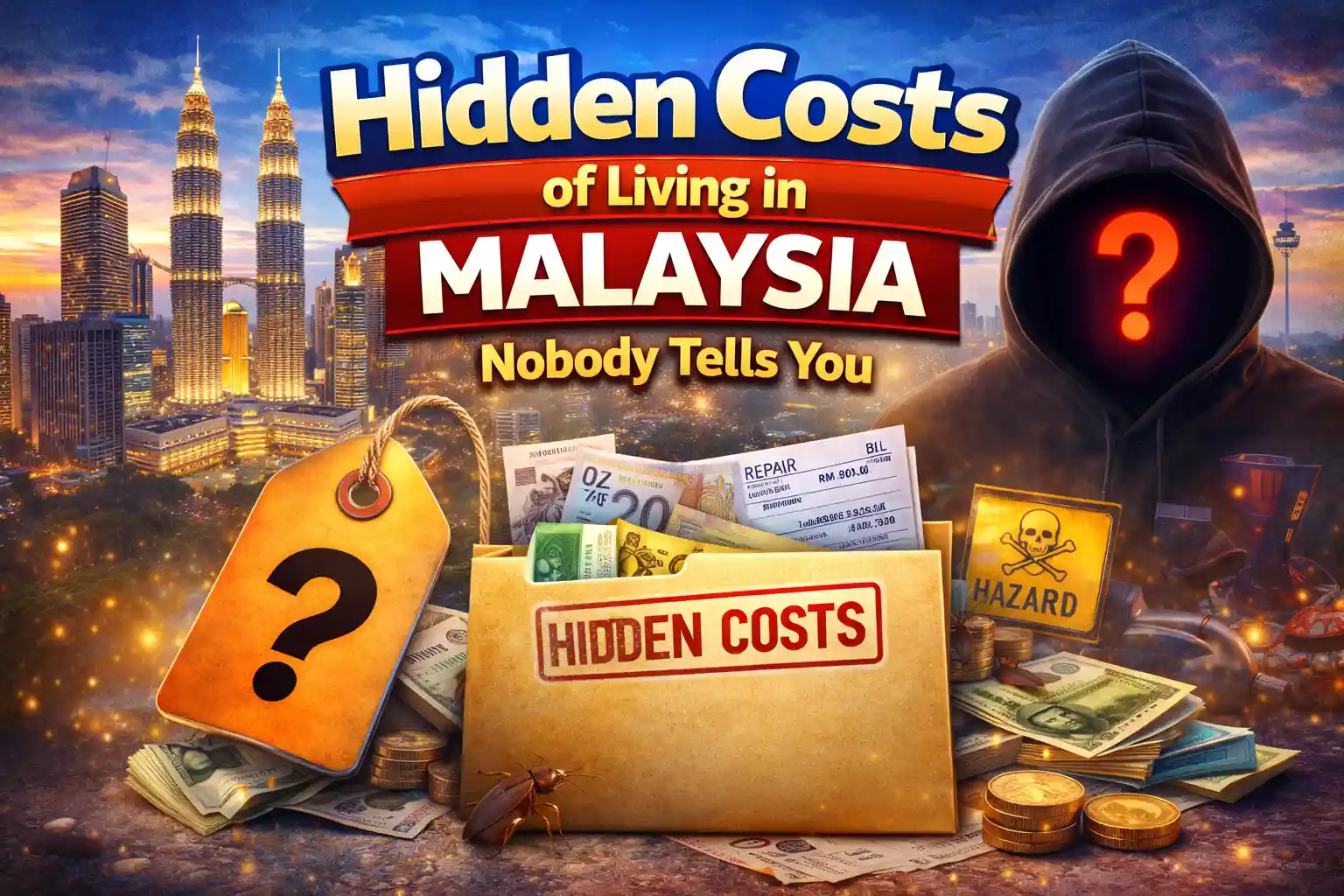 Hidden costs of living in Malaysia thumbnail showing Kuala Lumpur skyline, money folder labeled hidden costs, and a mysterious figure with a question mark