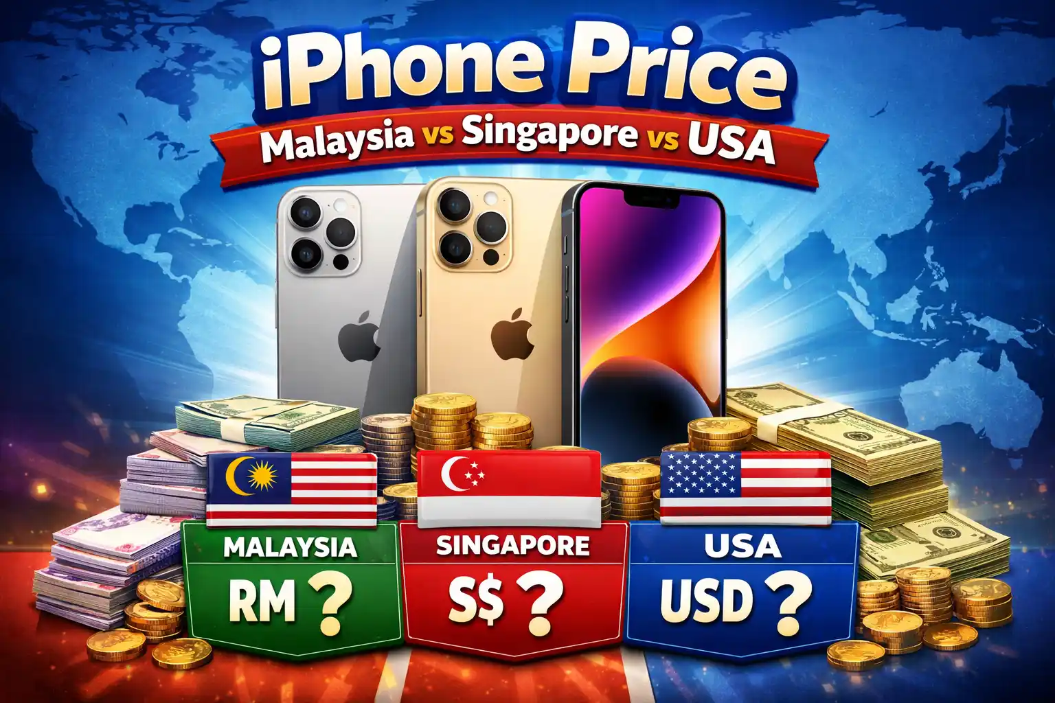iPhone price in Malaysia vs Singapore vs USA comparison thumbnail showing three iPhones with country flags and price comparison