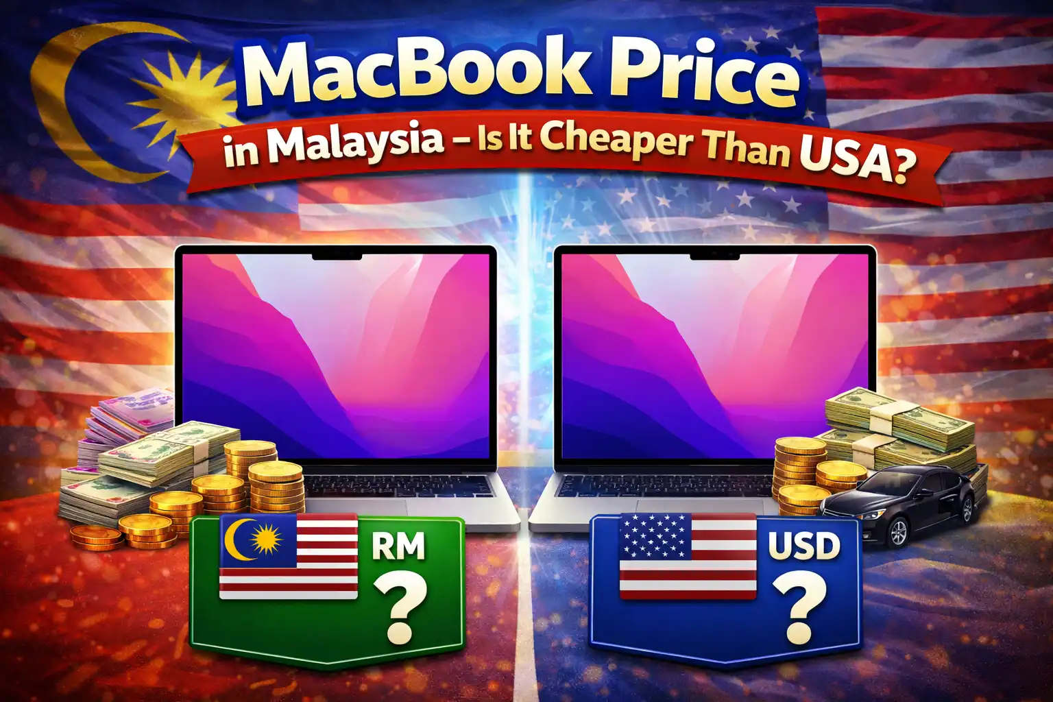 MacBook price in Malaysia vs USA comparison thumbnail showing two MacBooks with Malaysian Ringgit and US Dollar price comparison