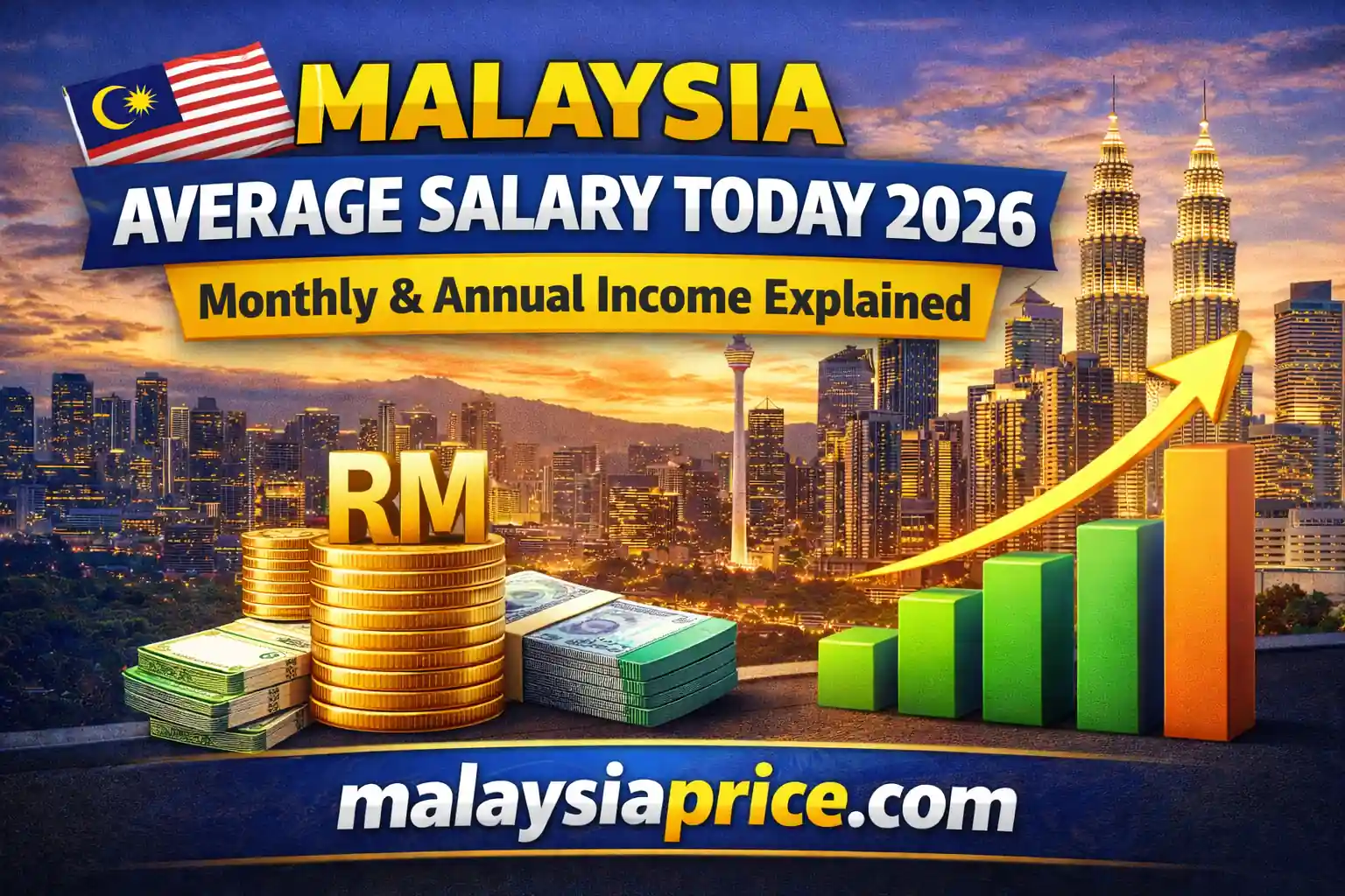 Malaysia Average Salary Today 2026 — Monthly & Annual Income Explained with Kuala Lumpur skyline, stacked coins, cash bundles and rising graph on malaysiaprice.com