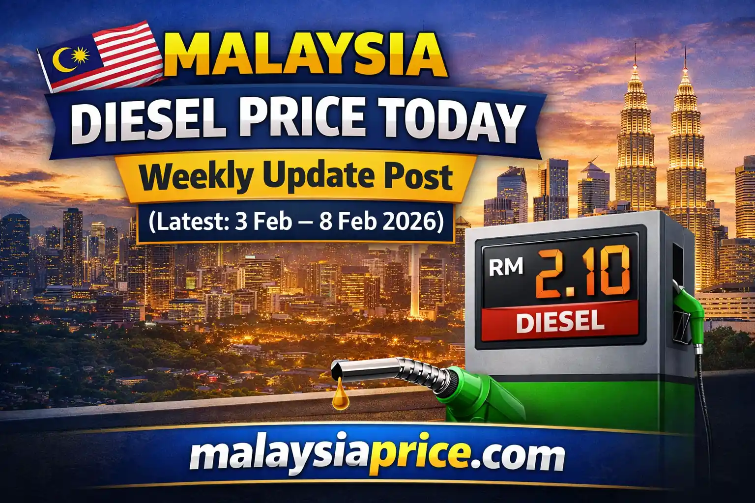 Malaysia Diesel Price Today Weekly Update (3 Feb – 8 Feb 2026) — Kuala Lumpur skyline with diesel pump showing RM 2.10 and malaysiaprice.com