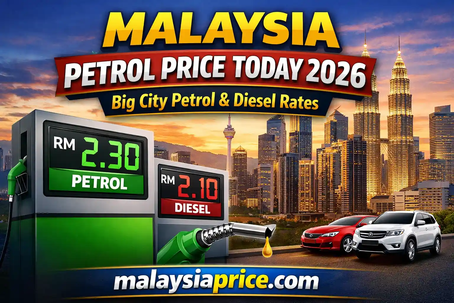 Malaysia Petrol Price Today 2026 — Big City Petrol & Diesel Rates with Kuala Lumpur skyline and petrol pump, malaysiaprice.com