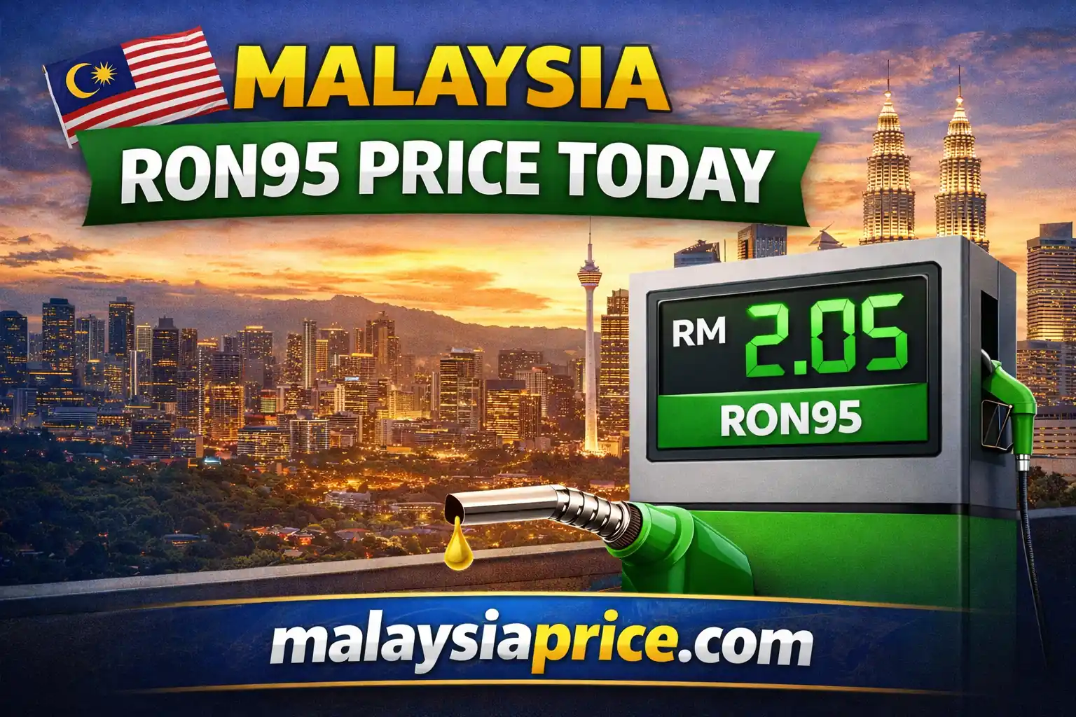 Malaysia RON95 price today — Kuala Lumpur skyline with digital petrol pump showing RM 2.05 and malaysiaprice.com